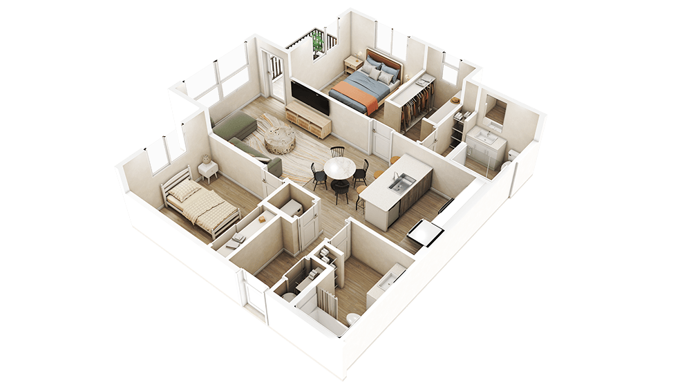 Floor plan for 2 beds, 2 baths, 1027 sqft